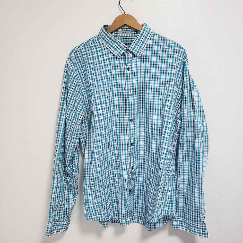 Express Men’s XL Fitted Button-Up Shirt Blue Plaid 100% Cotton